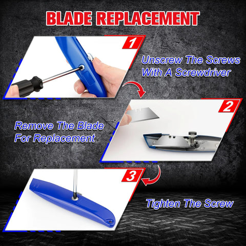Blue retractable box cutter blade replacement infographic showing unscrew, remove blade, and tighten screw steps