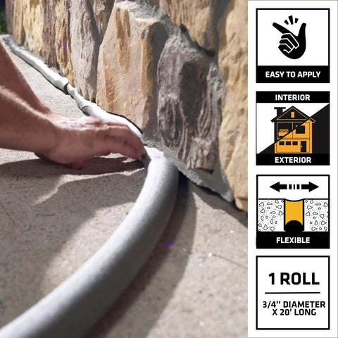 User applying Top Shelf Rock Solid Closed Cell Foam Backer Rod Gray 3/4 inch x 20 foot for joint sealing.