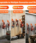 Heavy Duty Chainsaw Hanger Wall Mount 2 Pack Holds Up To 70 Lbs Beefy Metal Chainsaw Holder installed on various wall types in garage, tool room, and workshop.