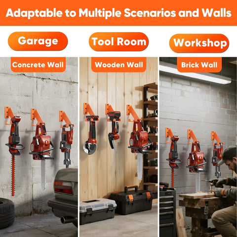 Heavy Duty Chainsaw Hanger Wall Mount 2 Pack Holds Up To 70 Lbs Beefy Metal Chainsaw Holder installed on various wall types in garage, tool room, and workshop.