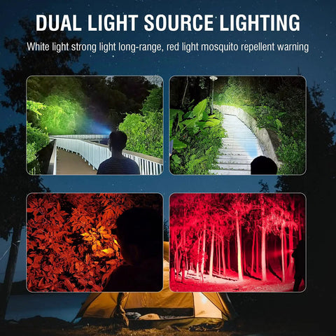 Ultra Bright White And Red LED Headlamp With 3 Modes illuminating trails and trees in different lighting conditions.
