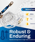 Tough As Nails 50Ft Vertical Lifeline Assembly With Auto Lock Rope Grab and Heavy Duty Safety Lanyard for Rough Job Site Fall Protection Gear Zero Issues, showcasing robust white polyester rope.