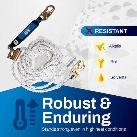 Tough As Nails 50Ft Vertical Lifeline Assembly With Auto Lock Rope Grab and Heavy Duty Safety Lanyard for Rough Job Site Fall Protection Gear Zero Issues, showcasing robust white polyester rope.