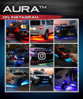 Aura Aluminum Car Underglow Lights With Remote Control, showcasing colorful neon accents on various cars at night.