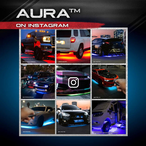 Aura Aluminum Car Underglow Lights With Remote Control, showcasing colorful neon accents on various cars at night.