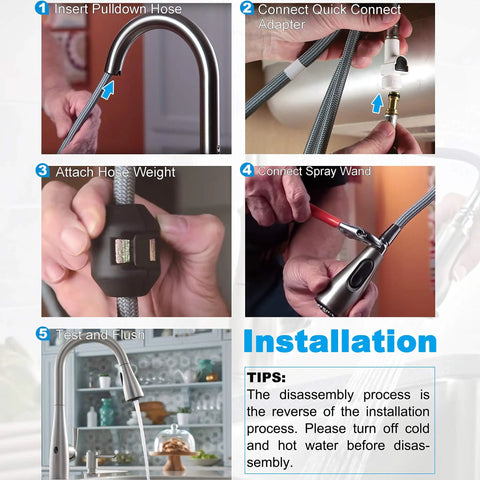 Installation steps for Pull Down Hose Kit For Moen Faucets 68 Inch Upgraded Version Replacement Part 150259 And 187108 shown