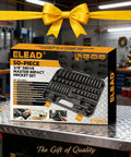 Three Eighths Drive Impact Socket Set With Fifty Piece Shallow And Deep Sockets In Metric And Standard, Universal Joint, Extension Bar, One Half To Three Eighths Reducer, Hex Shank Socket Adapter, And Ratchet Handle in a box with a yellow bow.