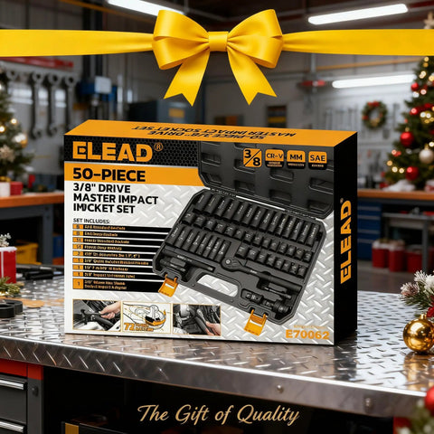 Three Eighths Drive Impact Socket Set With Fifty Piece Shallow And Deep Sockets In Metric And Standard, Universal Joint, Extension Bar, One Half To Three Eighths Reducer, Hex Shank Socket Adapter, And Ratchet Handle in a box with a yellow bow.