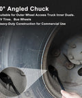 Close-up of 30° angled chuck on truck tire from Extended Reach Dual Head Air Chuck Set With Quick Plug For Cars, Bikes, And Motorcycles