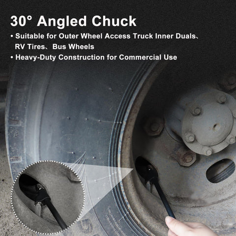 Close-up of 30° angled chuck on truck tire from Extended Reach Dual Head Air Chuck Set With Quick Plug For Cars, Bikes, And Motorcycles