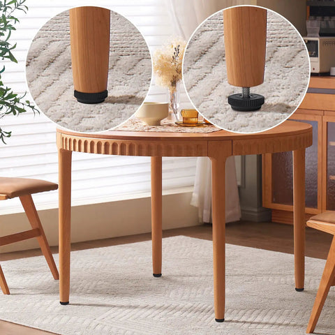 Kick The Wobble To The Curb With These 16 Pack Stainless Steel Adjustable Threaded Furniture Leveler Feet And Screw On Glides For Reliable Table Chair Cabinet Stability on a wooden table leg.