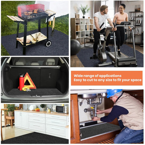 Four Piece Oil Spill Mat Set 36 By 60 Inches For Garage Floor Protection Front And Rear Car Coverage Reusable Washable Oil Drip Mats For Cars And Motorcycles And More in various uses including gym, kitchen, and garage setups.