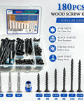 180 Piece Wood Screw Kit For Diy Projects With Pro Grade Star Drive Deck Screws And Exterior Epoxy Coating, Rust Resistant Outdoor Wood Screws, Includes Seven Popular Sizes 8 10 14 And 3 Star Drive Bits; open organizer case with black screws and bits