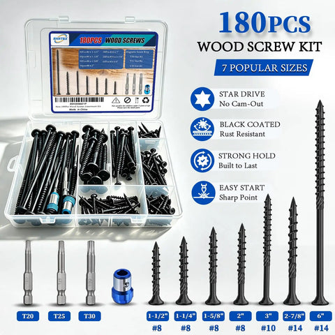 180 Piece Wood Screw Kit For Diy Projects With Pro Grade Star Drive Deck Screws And Exterior Epoxy Coating, Rust Resistant Outdoor Wood Screws, Includes Seven Popular Sizes 8 10 14 And 3 Star Drive Bits; open organizer case with black screws and bits