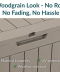 Lockable Outdoor Deck Box For Patio Storage Weather Resistant 32 Gallon Faux Plank Driftwood Finish close-up