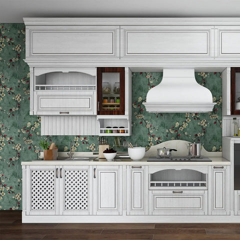 White kitchen cabinets against Floral Tree Peel and Stick Wallpaper Self Adhesive Removable Wall Covering For Walls, Shelves, And Drawers, Apricot Flower Pattern On Deep Green Background, Easy Install, 17.7 By 393 Inches