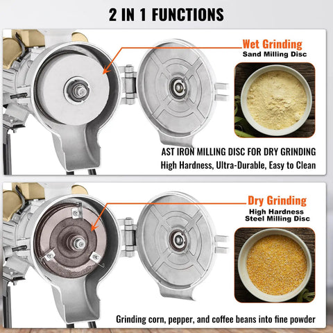 Electric Grain Mill Grinder 3000W 2 In 1 Wet And Dry Grinding discs with funnel feeder for commercial use