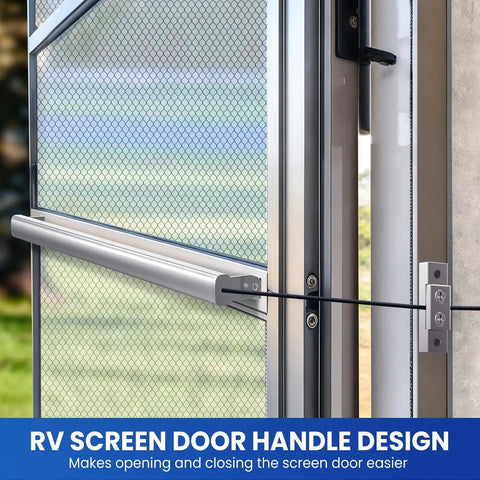 Two In One RV Screen Door Handle And Closer With Adjustable Tension No Fuss Easy Install Aluminum Push Pull Bar Works With Most RVs Campers Travel Trailers Silver Finish on screen door