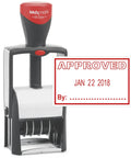 Heavy Duty Self Inking Date Stamp With Approved Phrase And Hella Tough Red Refillable Pads, imprinting 'APPROVED JAN 22 2018'.