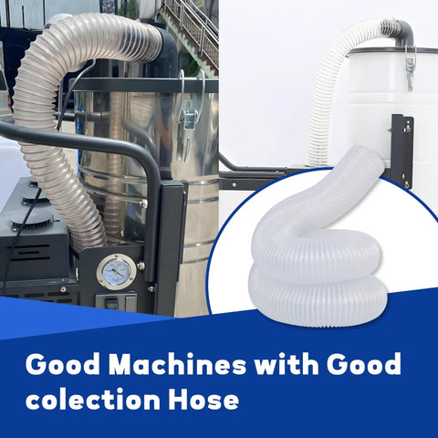 Heavy Duty 2.5 Inch By 10 Foot PVC Dust Collection Hose with 304 Stainless Steel Clamps in woodworking setup.