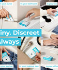 Collage showing places to store Ultra Compact Travel Flushable Wipes With 99.5 Percent Water And Aloe, Hypoallergenic and Unscented.
