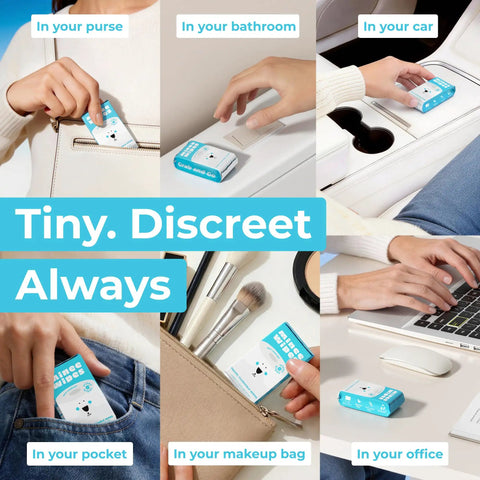 Collage showing places to store Ultra Compact Travel Flushable Wipes With 99.5 Percent Water And Aloe, Hypoallergenic and Unscented.