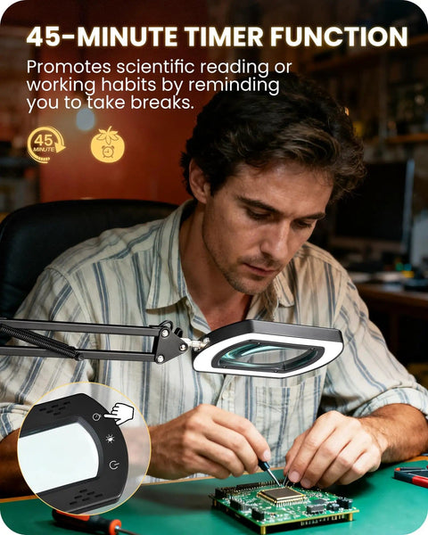 Man using 10X Magnifying Lamp With Stand And LED Light 2 In 1 Pro Grade Hands Free Desk Clamp Lamp, timer feature visible
