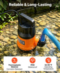 Heavy Duty Submersible Water Pump With 25 Foot Hose Offering One Point Two Horsepower And Five Thousand Gallons Per Hour Output, shown in water.