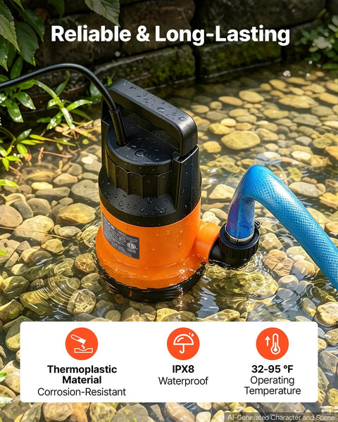Heavy Duty Submersible Water Pump With 25 Foot Hose Offering One Point Two Horsepower And Five Thousand Gallons Per Hour Output, shown in water.