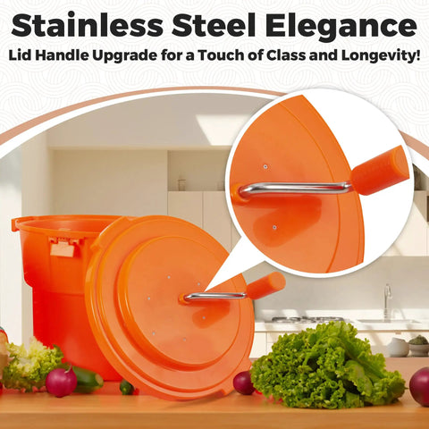 Heavy Hitter Commercial Salad Spinner With 5.5 Gallon 20 Quart Capacity showing orange plastic body and stainless steel lid handle.