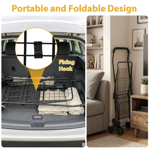 Collapsible All Terrain Grocery Cart With 360 Degree Swivel Wheels And Stair Climber, folded in car trunk and standing upright