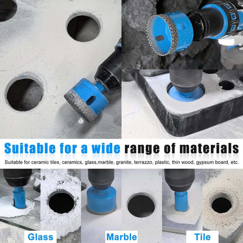 Blue diamond hole saw drill bit set, 11 pcs, for ceramic, glass, tile, marble; includes guide jig