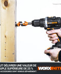 Compact 20V Cordless Brushless Drill Driver Packing 60Nm Of Serious Muscle And A Smooth 13mm Keyless Chuck drilling into wood.