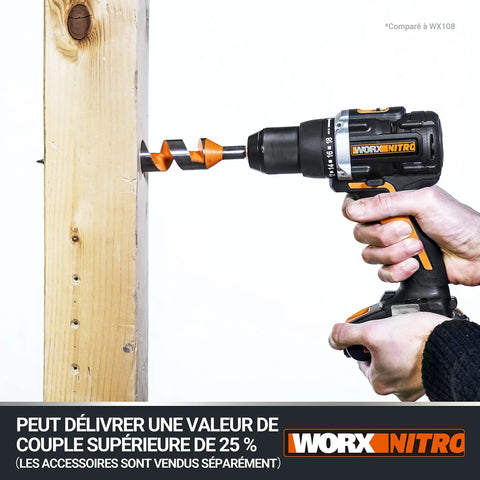 Compact 20V Cordless Brushless Drill Driver Packing 60Nm Of Serious Muscle And A Smooth 13mm Keyless Chuck drilling into wood.
