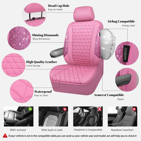 Blinged Out Pink Leather Car Seat Covers Full Set Waterproof Glitter Crystal Rhinestone Sparkle With Universal Fit for Cars
