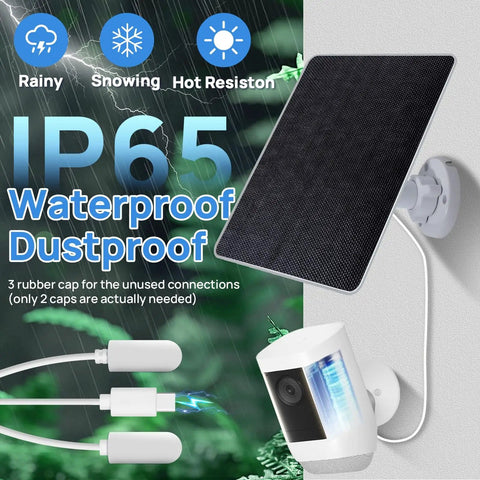 5W Solar Panel Charger For Ring Cameras And Wyze Outdoor Cam V1 V2 With USB C And Barrel Plug Nine Point Eight Foot Cable Fast