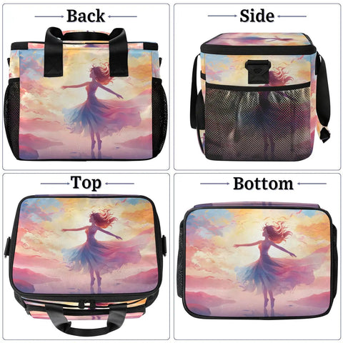 Insulated Picnic Backpack For Women And Men With Large Lunch Box featuring colorful artistic design, various angles displayed