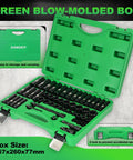 Open green blow-molded box showing 50 Piece Three Eighths Inch Drive Impact Socket Set with 6 Point SAE and Metric Sockets CrV Steel.