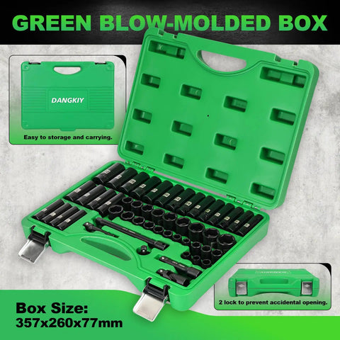 Open green blow-molded box showing 50 Piece Three Eighths Inch Drive Impact Socket Set with 6 Point SAE and Metric Sockets CrV Steel.