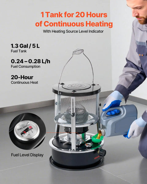 Person refueling 9000 BTU Kerosene Heater And Stove 2 In 1 Non Electric Indoor Outdoor Heater With Adjustable Height And Flame Control Easy Storage For Camping Hunting Home Garage Black