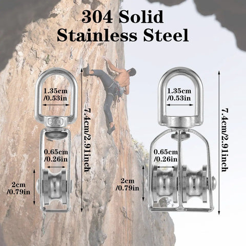 4 Pack M20 Lifting Single Pulley Block with 304 Stainless Steel Construction, shown in climbing setup