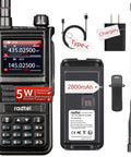 Beast Multi Band Ham Radio with 256 channels, USB-C charger, and detachable antenna, front and back view with accessories.