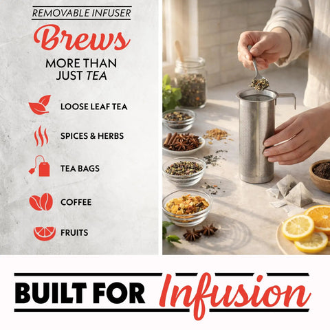 Person using removable infuser with Electric Glass Kettle With 1.7L Capacity, Programmable Tea And Coffee Brewer, 6 Easy To Use Presets