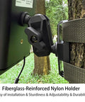 Close-up of fiberglass-reinforced nylon holder on tree for 5W 12V Trail Camera Solar Panel Charger Kit With 5200mAh Battery.