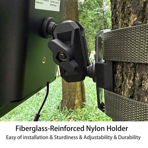 Close-up of fiberglass-reinforced nylon holder on tree for 5W 12V Trail Camera Solar Panel Charger Kit With 5200mAh Battery.
