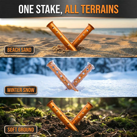 High Visibility Aluminum Tent Stakes 6-Pack, 12.6 Inch U-Shape Sand-Grip For Soft Ground in sand, snow, and dirt