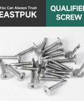 Built Tough 145 Piece Self Tapping Screw Assortment Kit Featuring Truss Head 410 Stainless Steel Sheet Metal Fasteners And Matched Drill Bits For No Fuss Quick Install Jobs On Any Project, close-up of stainless steel truss head screws.