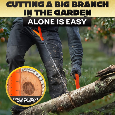 Person using Pocket Chainsaw For Survival With Bag Stainless Steel 25 Inch Folding Tree Saw With Bi Directional Teeth on fallen tree.
