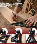 Pro Shop Grade Four Point Five Inch Aluminum Rafter Square With Built In Level and Tough Woodworking Triangle Ruler measuring wood.