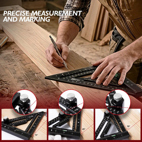 Pro Shop Grade Four Point Five Inch Aluminum Rafter Square With Built In Level and Tough Woodworking Triangle Ruler measuring wood.